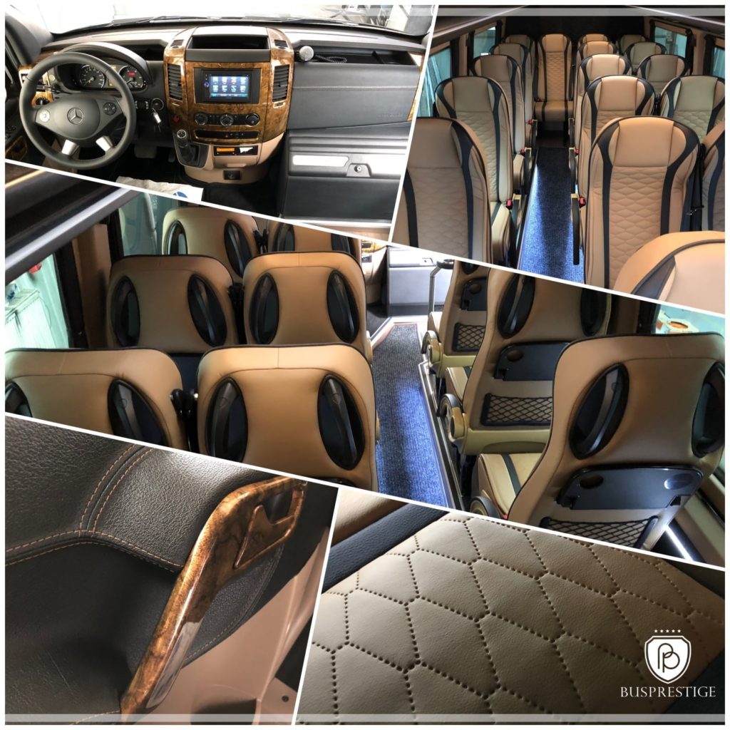 Bus Mercedes-Benz Sprinter 519 in tourist version. Seat configuration 19 passenger and driver seat and crew seat. Luxury details.